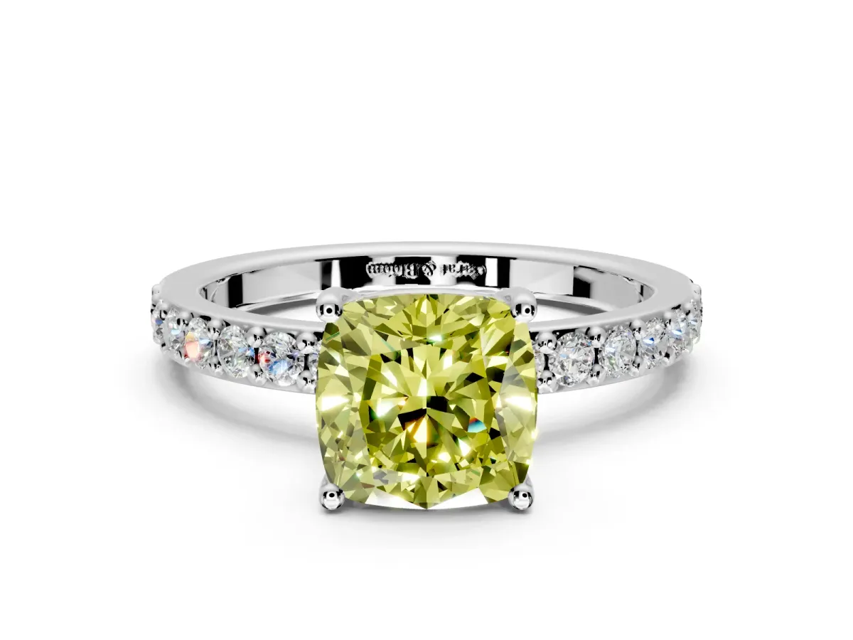 Solitaire Engagement Ring Setting for Fancy Yellow Cushion Cut Center with Round Cut Pave Band and Prong Head in White Gold