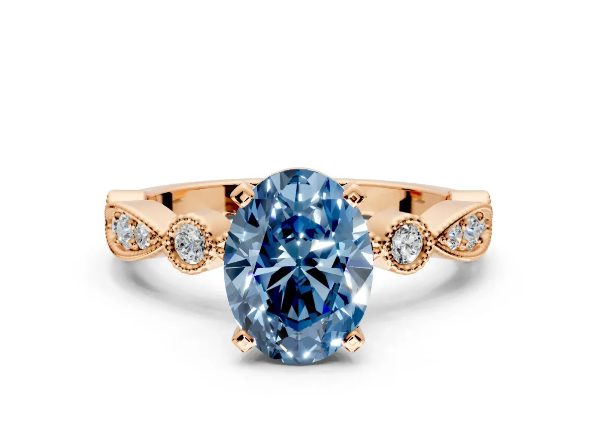 Solitaire Engagement Ring Setting for Fancy Blue Oval Center with Milgrain Bezel Accents and Prong Head in Rose Gold