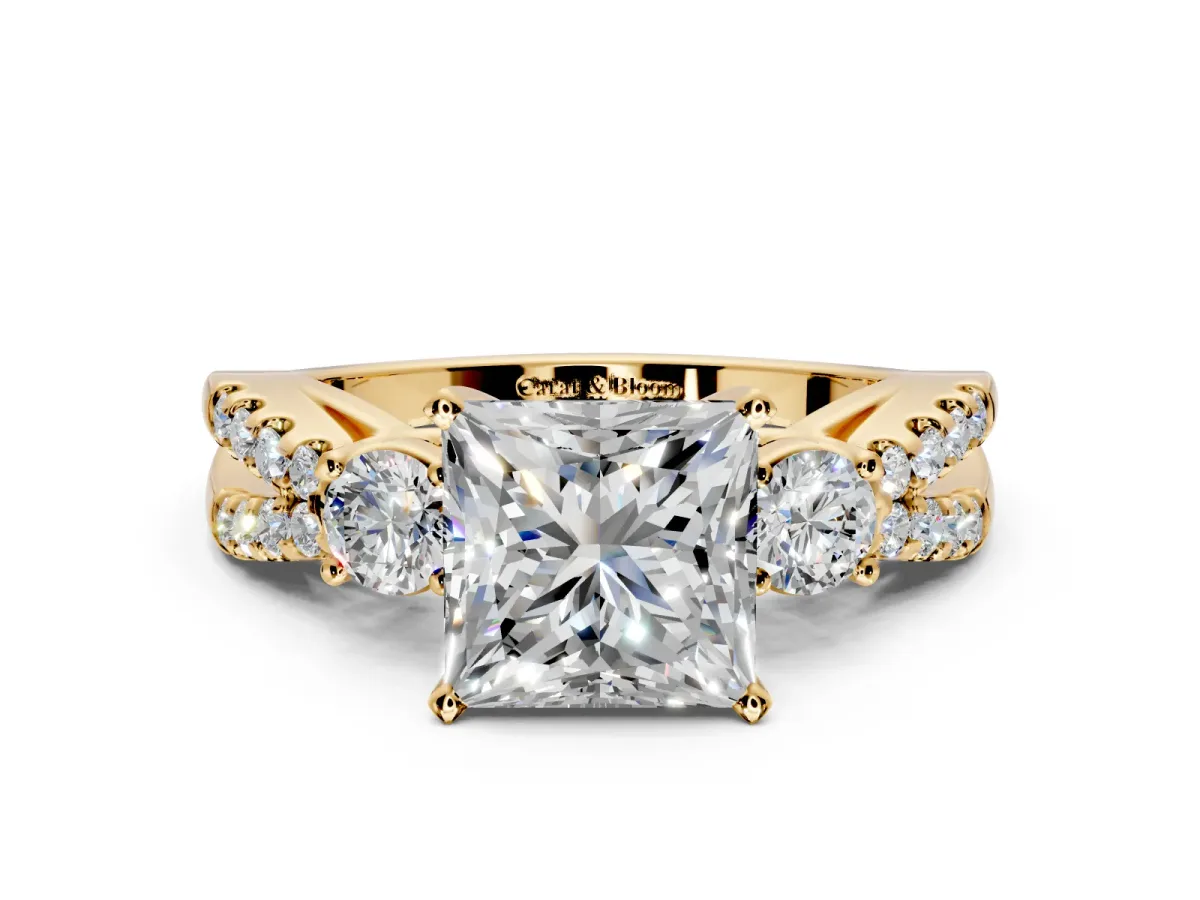 3 Stone Engagement Ring Setting for Princess Cut Center with Pave Split Shank and Prong Head in Yellow Gold