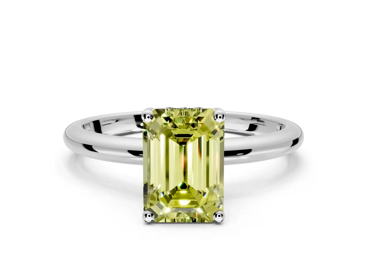 Hidden Halo Engagement Ring Setting for Fancy Yellow Emerald Cut Center with Thin Round-Wire Band and Prong Head in Platinum