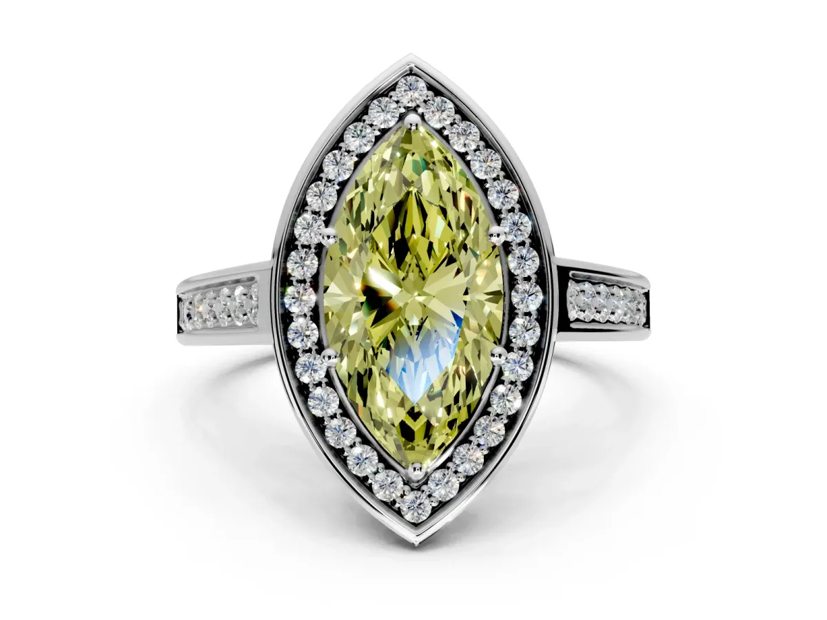 Halo Engagement Ring Setting for Fancy Yellow Marquise Center with Outer Bezel Rim, Pave Band and Prong Head in Platinum