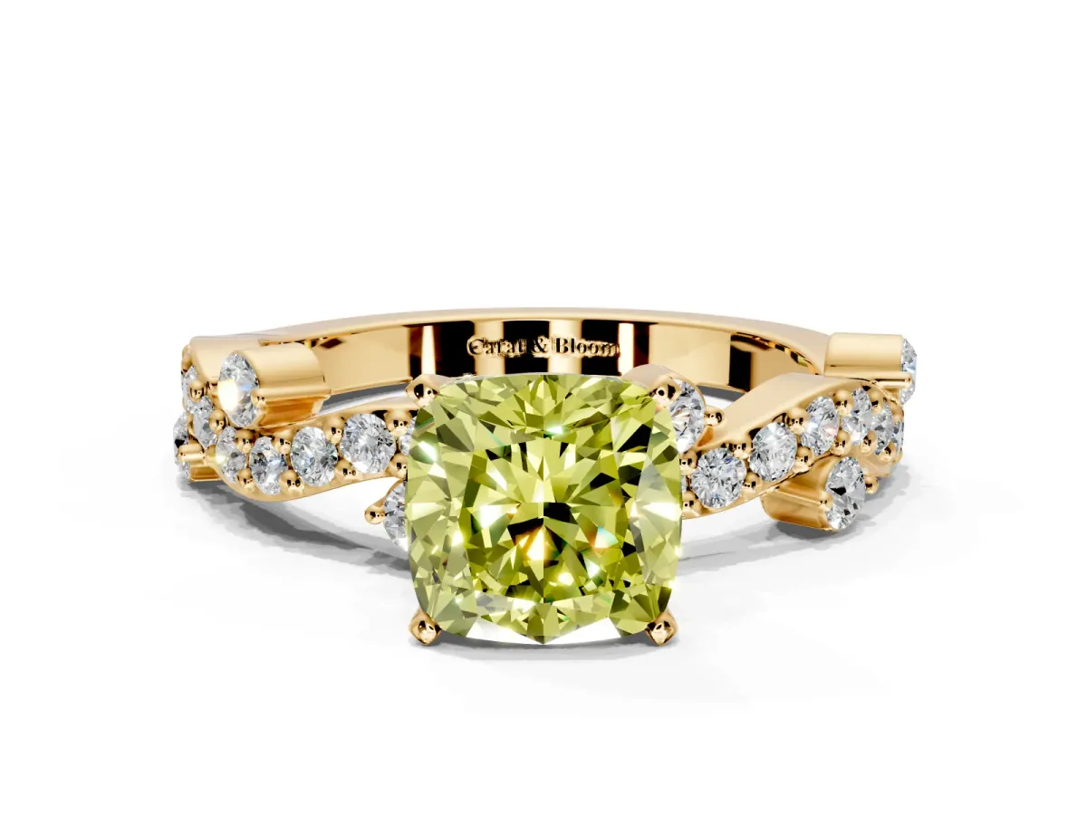 Solitaire Engagement Ring Setting for Fancy Yellow Cushion Cut Center with Bar-Station Pave Twist and Prong Head in Yellow Gold