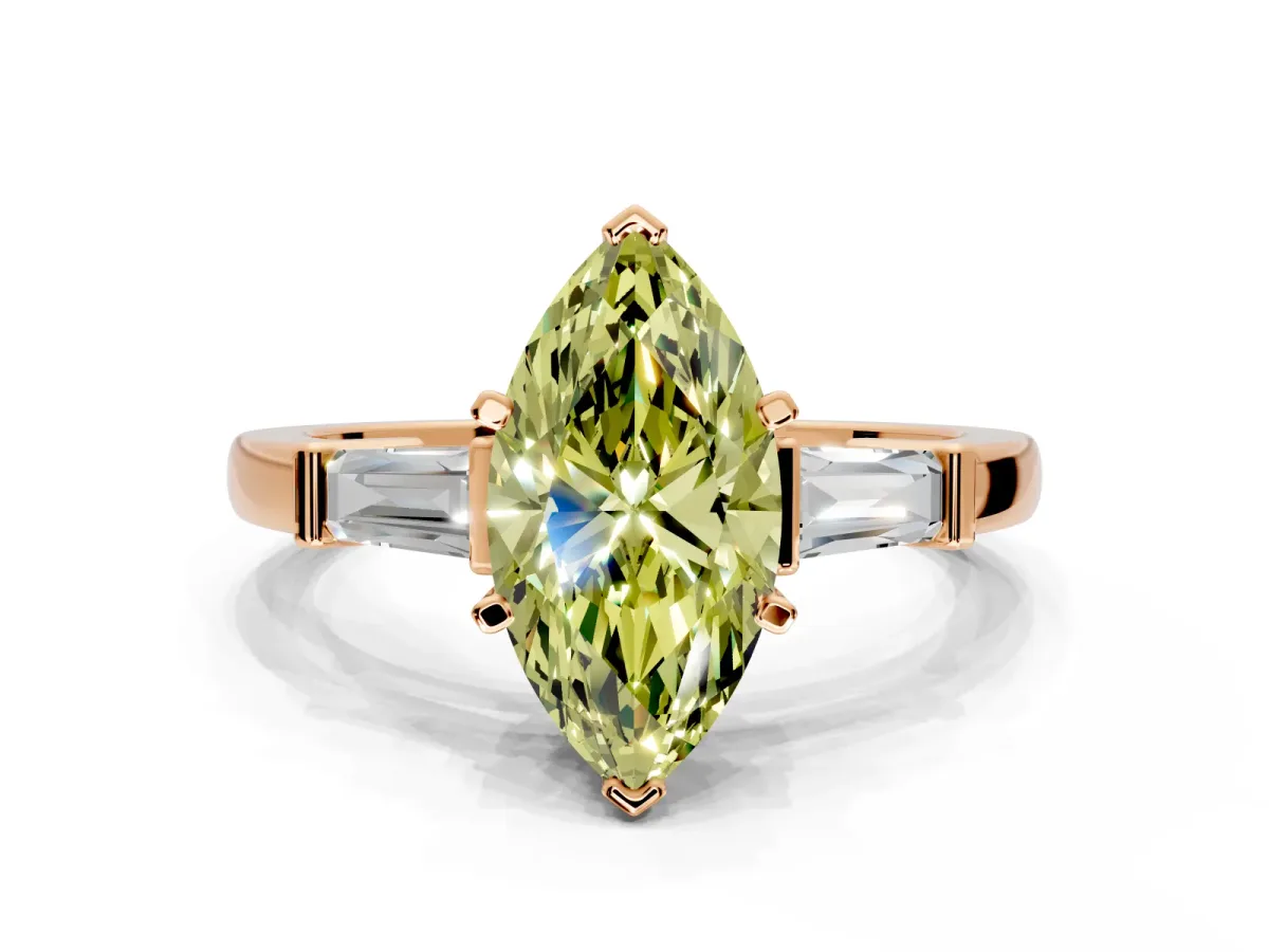 3 Stone Engagement Ring Setting for Fancy Yellow Marquise Center with Channel Baguette Accents and Prong Head in Rose Gold
