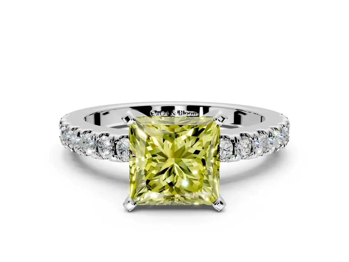 Solitaire Engagement Ring Setting for Fancy Yellow Princess Cut Center with Single Row Accent Band and Prong Head in Platinum