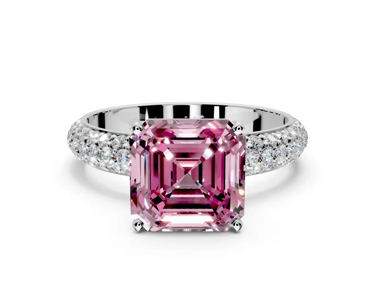 Solitaire Engagement Ring Setting for Fancy Pink Asscher Cut Center with Domed Multi-Row Pave Band and Prong Head in Sterling Silver