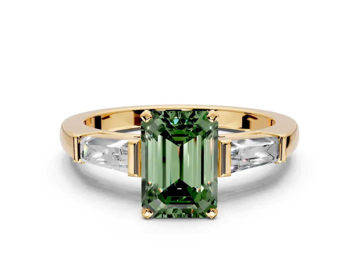3 Stone Engagement Ring Setting for Fancy Green Emerald Cut Center with Tapered Baguettes, Plain Band and Prong Head in Yellow Gold