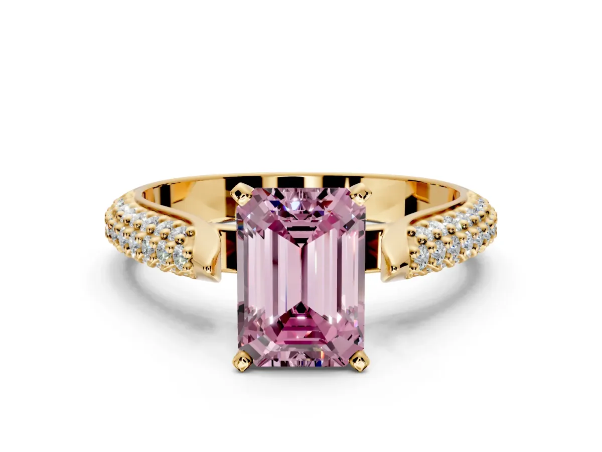 Solitaire Engagement Ring Setting for Fancy Pink Emerald Cut Center with Multi-Row Accents and Prong Head in Yellow Gold
