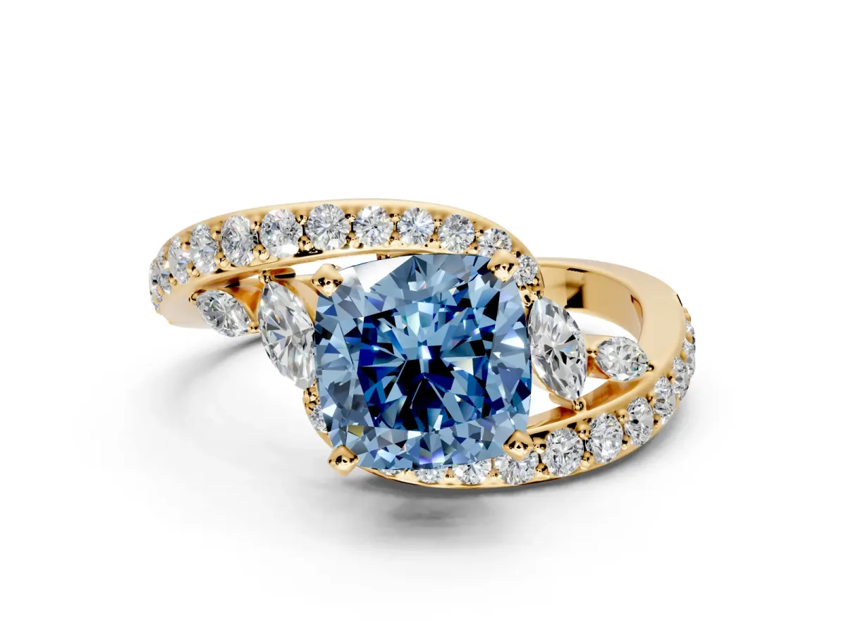 Solitaire Engagement Ring Setting for Fancy Blue Cushion Cut Center with Pave Bypass Twist Band and Prong Head in Yellow Gold