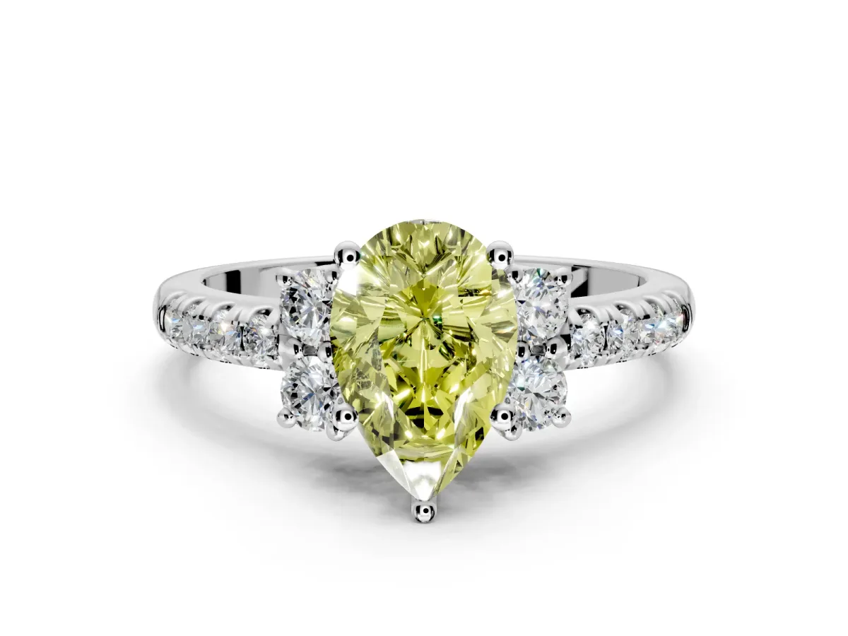 Paired Accent Engagement Ring Setting for Fancy Yellow Pear-Shaped Center with Pave Band and Prong Head in Platinum