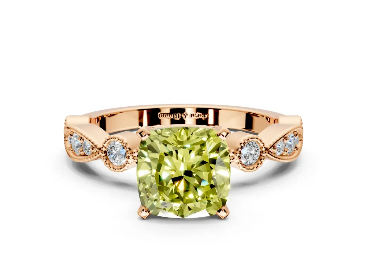 Solitaire Engagement Ring Setting for Fancy Yellow Cushion Cut Center with Milgrain Bezel Accents and Prong Head in Rose Gold