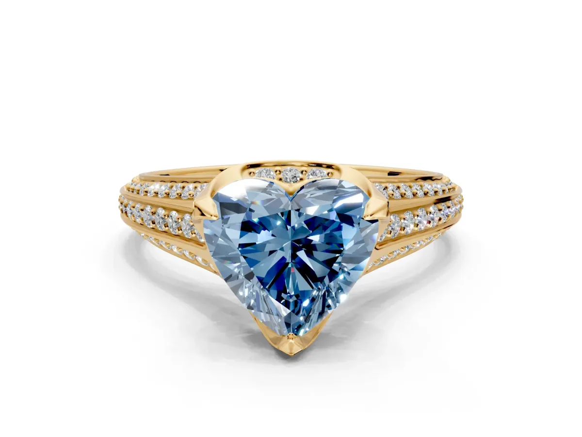 Solitaire Engagement Ring Setting for Fancy Blue Heart-Shaped Center with Accented Split Shank and Prong Head in Yellow Gold