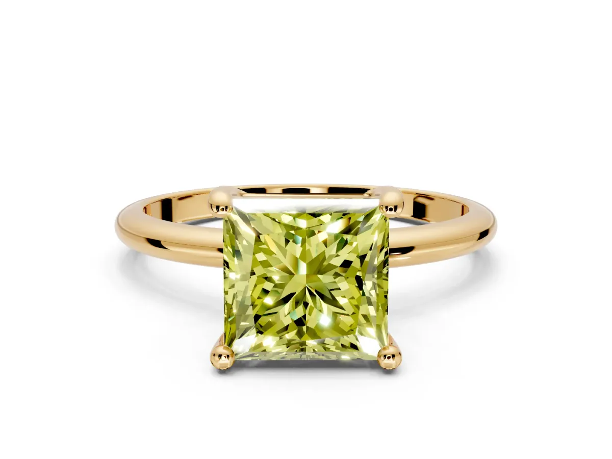 Minimalist Solitaire Engagement Ring Setting for Fancy Yellow Princess Cut Center with Thin Band and Prong Head in Yellow Gold