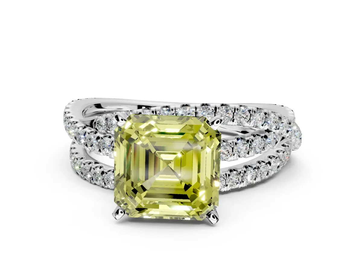 Solitaire Engagement Ring Setting for Fancy Yellow Asscher Cut Center with Woven 3-Strand Pave Band and Prong Head in Platinum