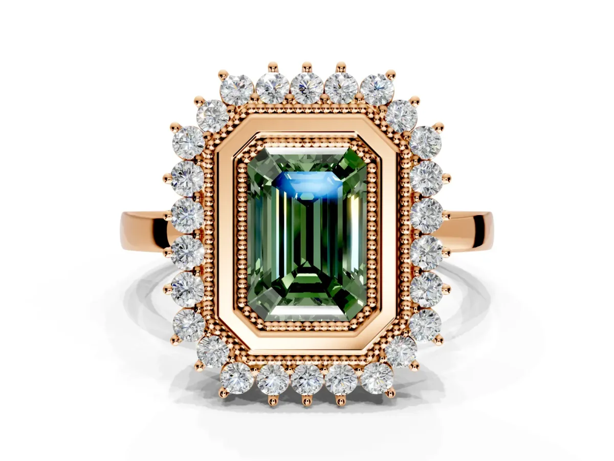 Halo Engagement Ring Setting for Fancy Green Emerald Cut Center with Milgrain Bezel Rim, Plain Band and Prong Head in Rose Gold