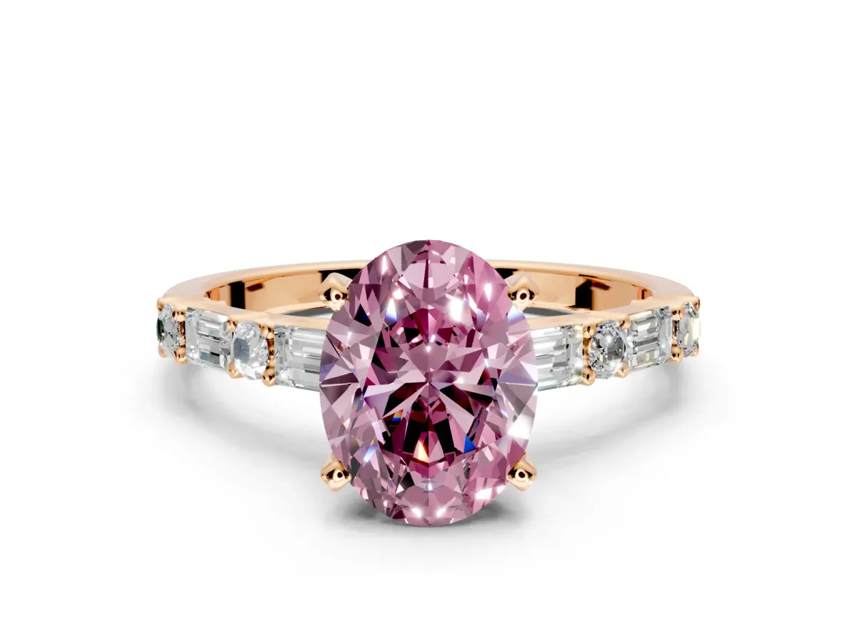 Baguette Engagement Ring Setting for Fancy Pink Oval Center with Alternating Bar-Set Band and Prong Head in Rose Gold
