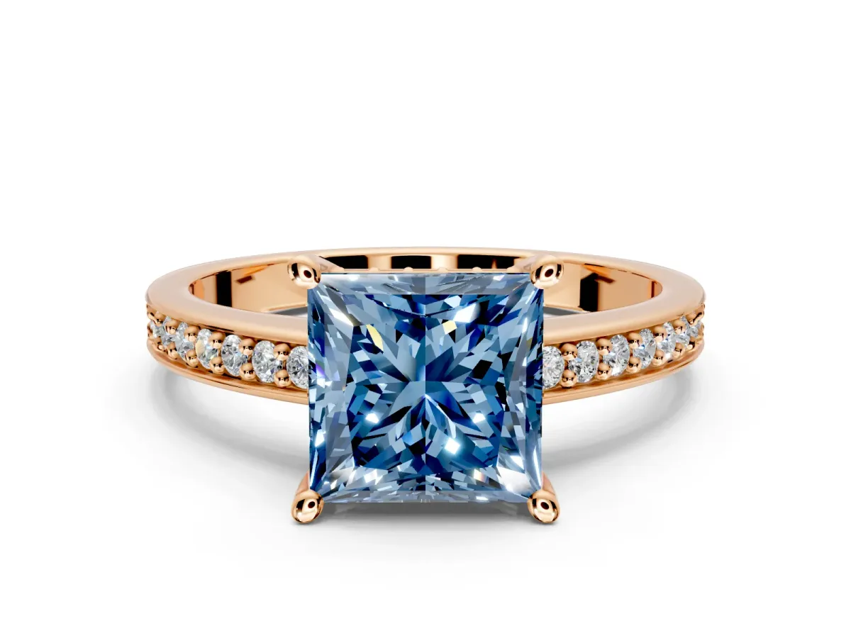 Solitaire Engagement Ring Setting for Fancy Blue Princess Cut Center with Channel-Set Accent Band and Prong Head in Rose Gold