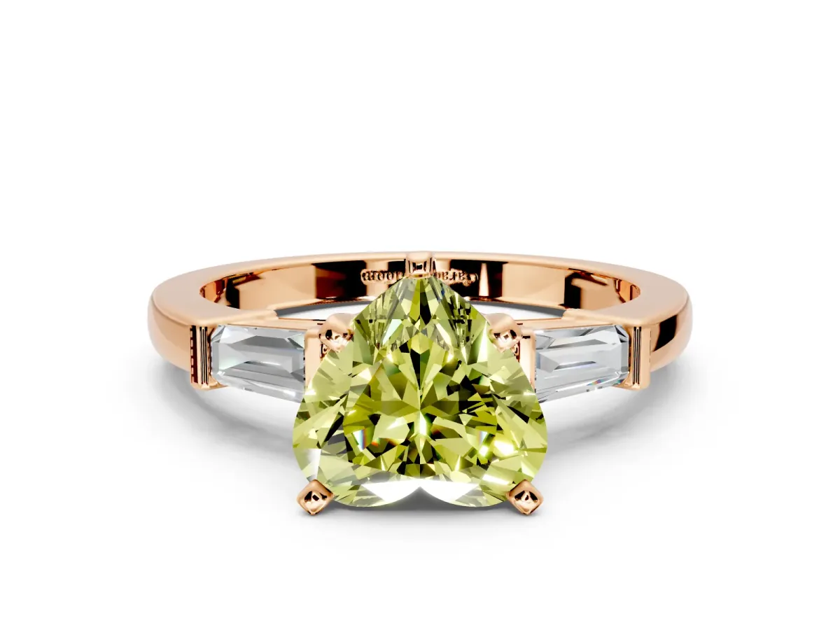 3 Stone Engagement Ring Setting for Fancy Yellow Heart-Shaped Center with Channel Baguette Accents and Prong Head in Rose Gold