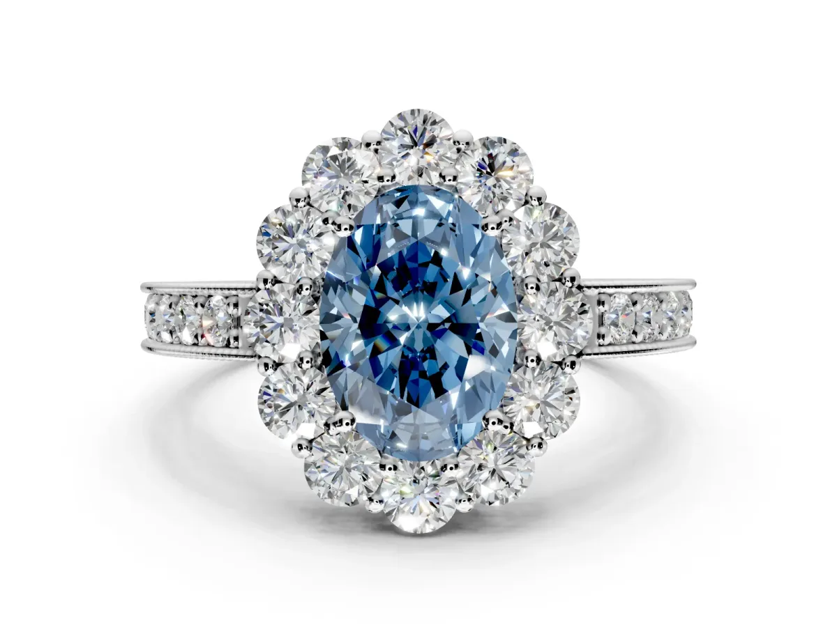 Halo Engagement Ring Setting for Fancy Blue Oval Center with Milgrain Channel Band and Prong Head in Platinum
