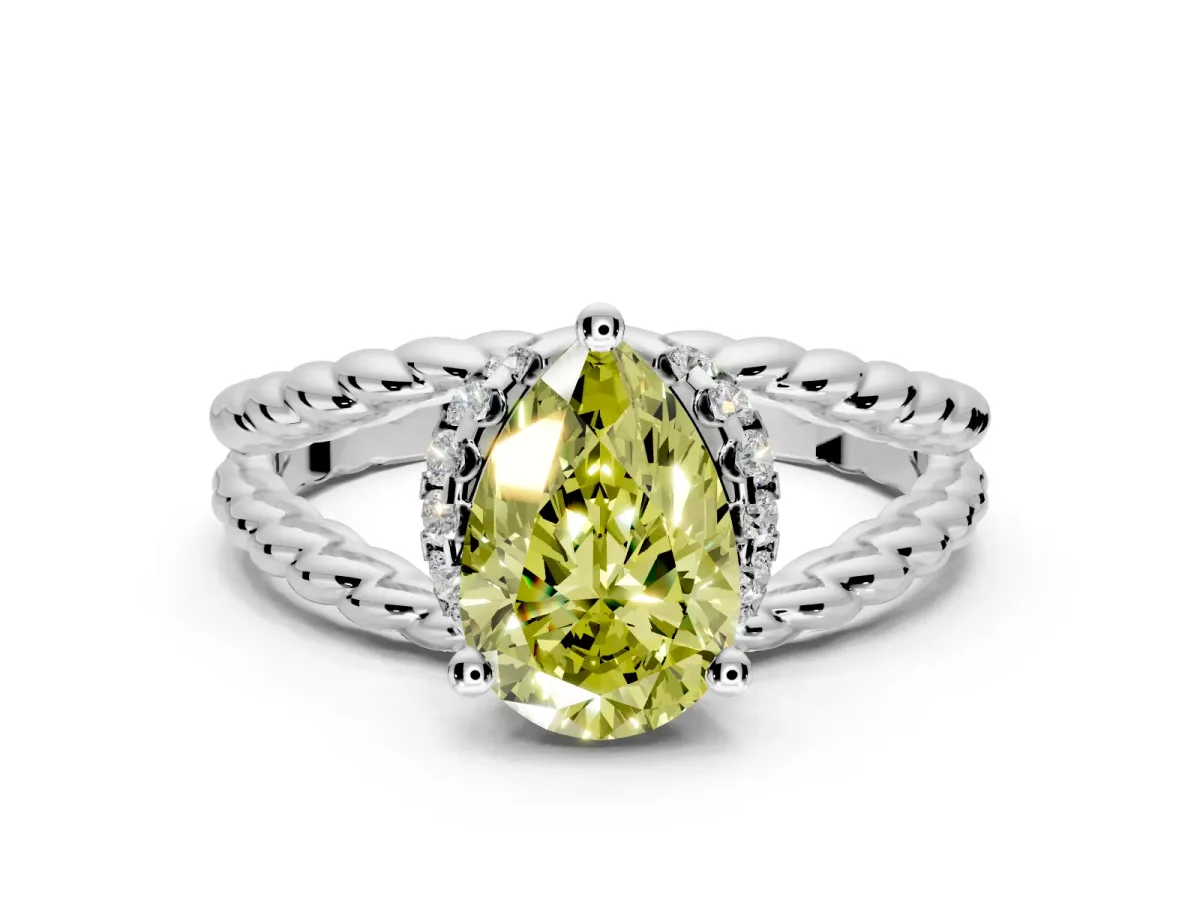 Halo Engagement Ring Setting for Fancy Yellow Pear-Shaped Center with Rope Twist Split Shank and Prong Head in Platinum