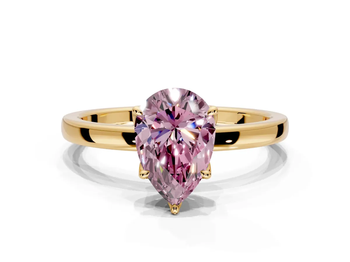 Solitaire Engagement Ring Setting for Fancy Pink Pear-Shaped Center with Thin Rounded Plain Band and Prong Head in Yellow Gold