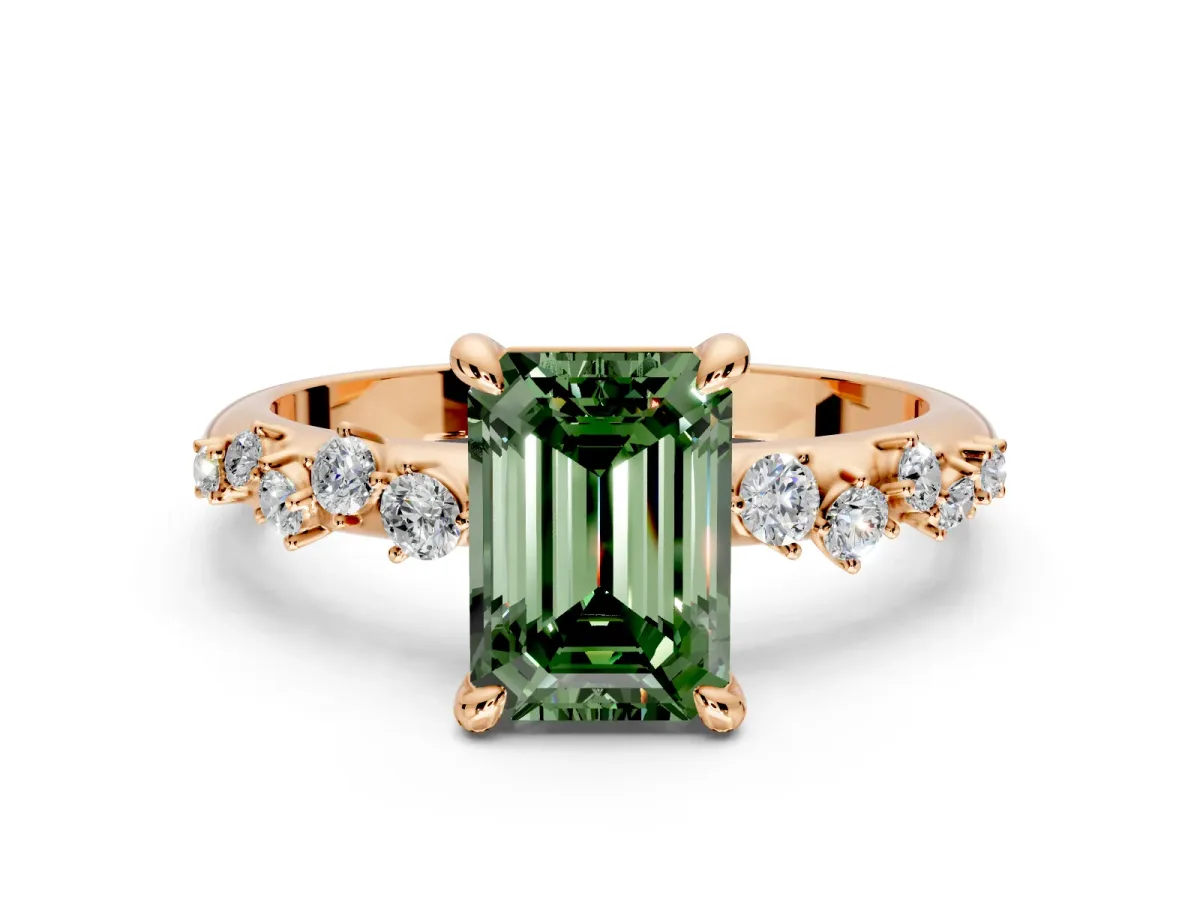 Solitaire Engagement Ring Setting for Fancy Green Emerald Cut Center with Trailing Leaf Accent Band and Prong Head in Rose Gold