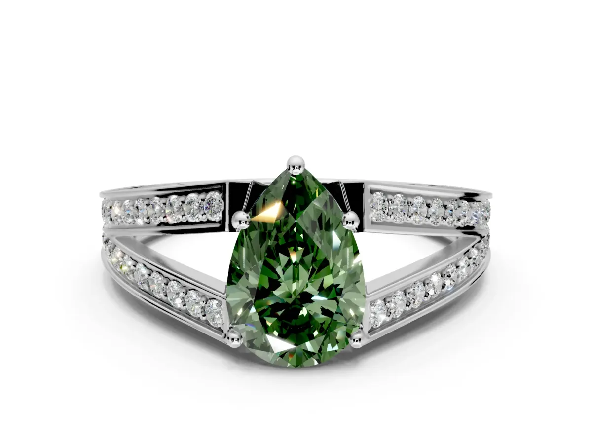 Split Shank Engagement Ring Setting for Fancy Green Pear-Shaped Center with Pave Split Shank and Prong Head in Platinum