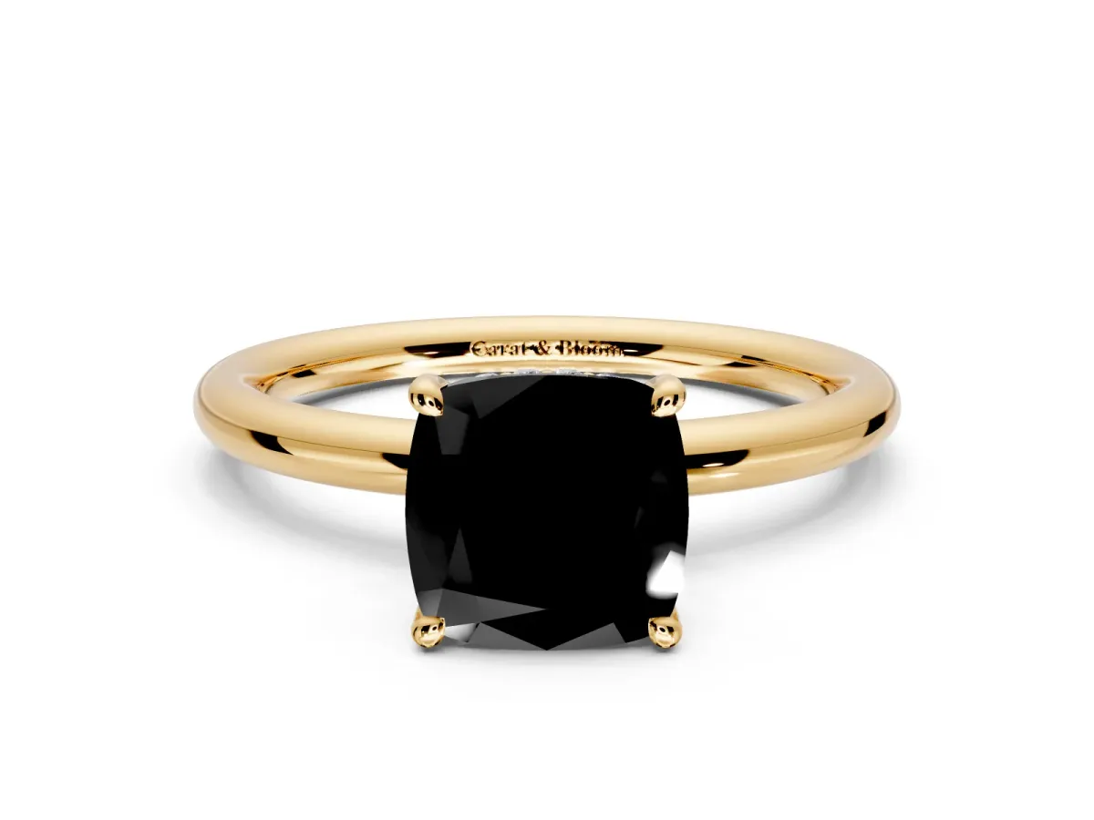 Hidden Halo Engagement Ring Setting for Fancy Black Cushion Cut Center with Thin Rounded Band and Prong Head in Yellow Gold