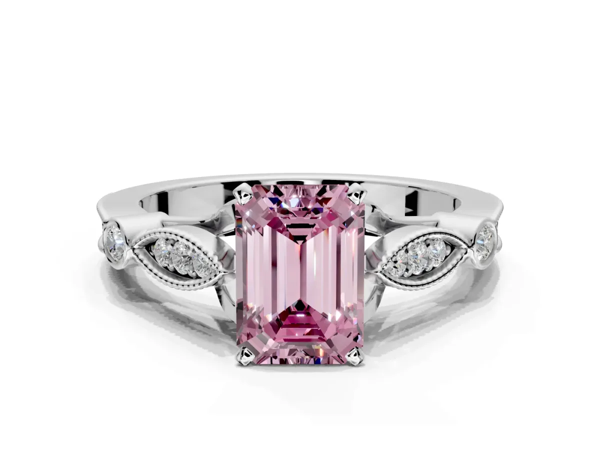 Solitaire Engagement Ring Setting for Fancy Pink Emerald Cut Center with Marquise and Bezel Accents and Prong Head in White Gold