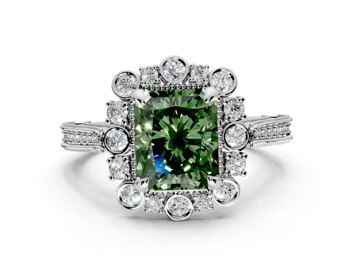 Milgrain Halo Engagement Ring Setting for Fancy Green Radiant Cut Center with Bezel Point Accents and Prong Head in White Gold