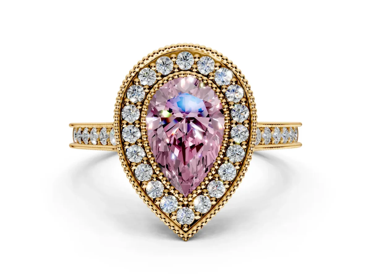 Halo Engagement Ring Setting for Fancy Pink Pear-Shaped Center with Milgrain Pave Band and Bezel Head in Yellow Gold