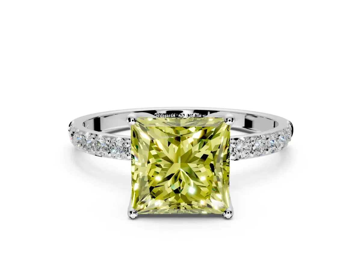 Solitaire Engagement Ring Setting for Fancy Yellow Princess Cut Center with Fine Pave Accents and Prong Head in Platinum