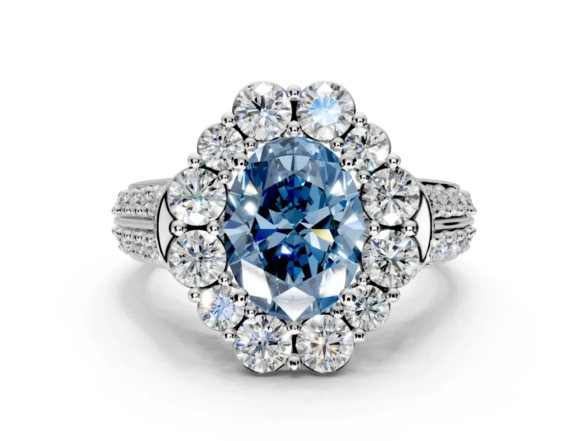 Large Accent Halo Engagement Ring Setting for Fancy Blue Oval Center with Pave Split Shank and Prong Head in Sterling Silver