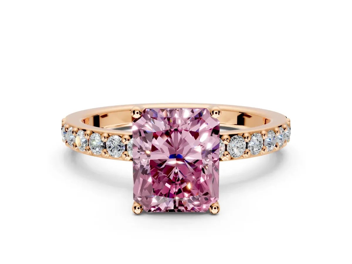 Solitaire Engagement Ring Setting for Fancy Pink Radiant Cut Center with Round Cut Pave Band and Prong Head in Rose Gold