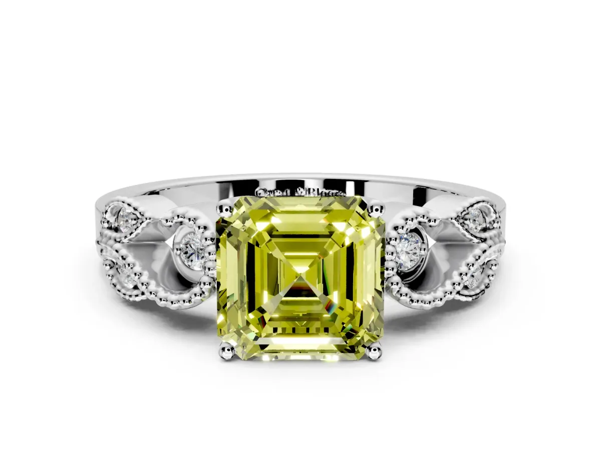 Leaf Engagement Ring Setting for Fancy Yellow Asscher Cut Center with Milgrain Accent Band and Prong Head in Sterling Silver