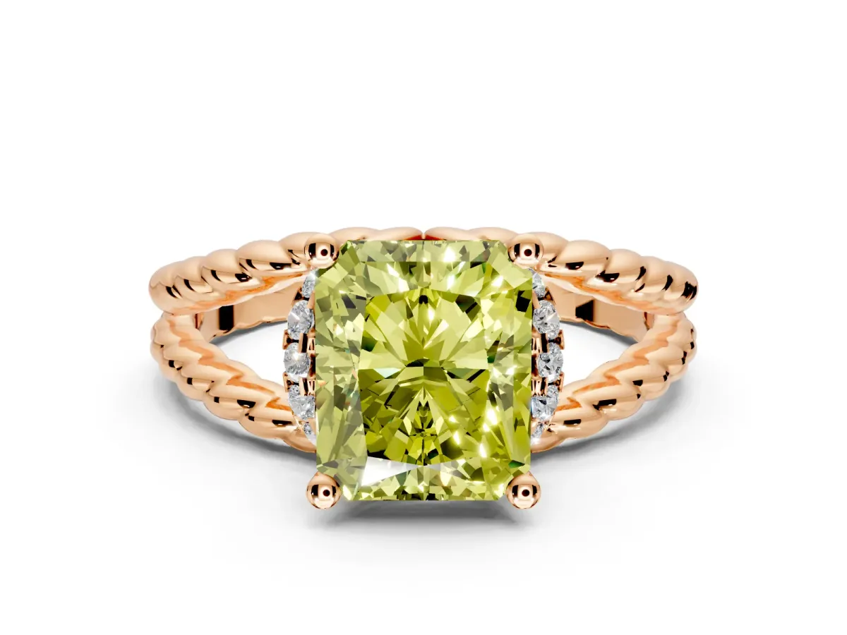Halo Engagement Ring Setting for Fancy Yellow Radiant Cut Center with Rope Twist Split Shank and Prong Head in Rose Gold