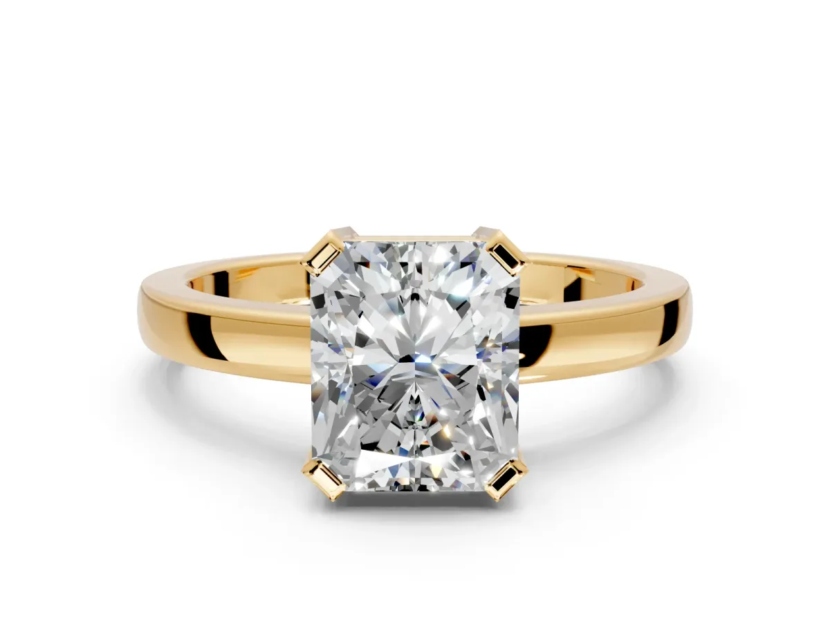 Solitaire Engagement Ring Setting for Radiant Cut Center with Plain Band and Flat Tab Prong Head in Yellow Gold