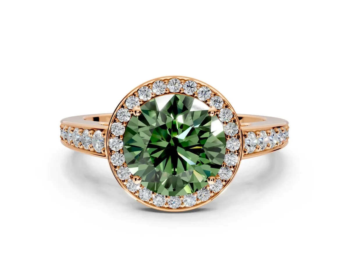 Bezel-Framed Halo Engagement Ring Setting for Fancy Green Round Cut Center with Pave Band and Prong Head in Rose Gold