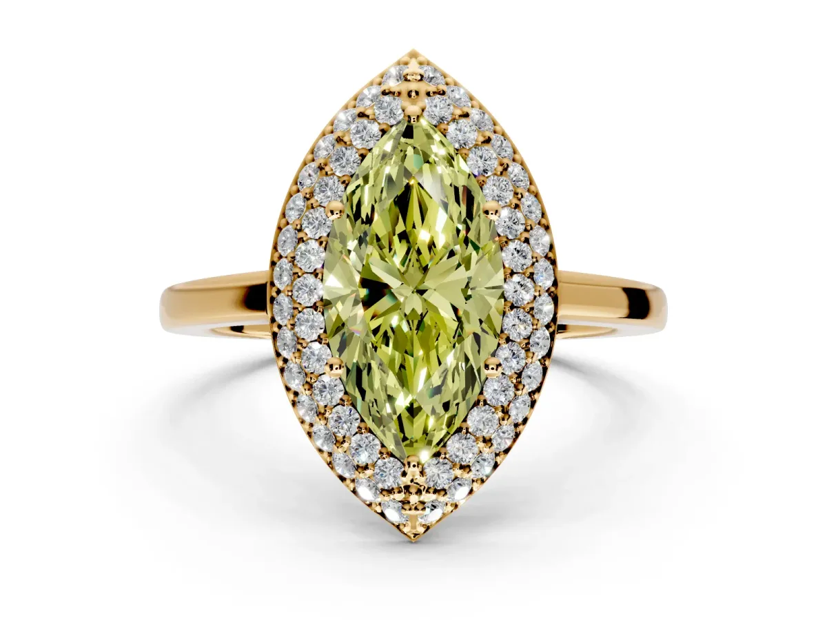 Halo Engagement Ring Setting for Fancy Yellow Marquise Center with Plain Tapered Band and Prong Head in Yellow Gold