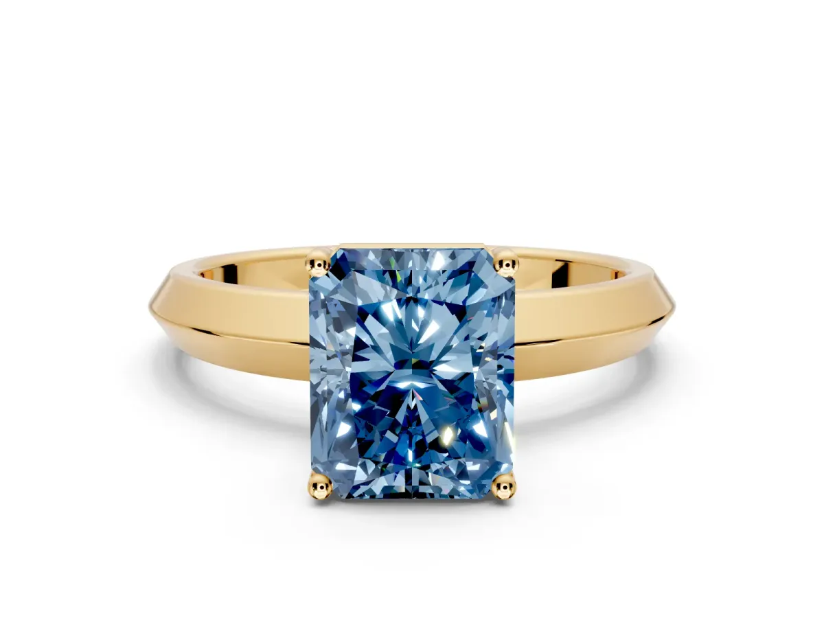 Solitaire Engagement Ring Setting for Fancy Blue Radiant Cut Center with Wide Knife Ridge Band and Prong Head in Yellow Gold