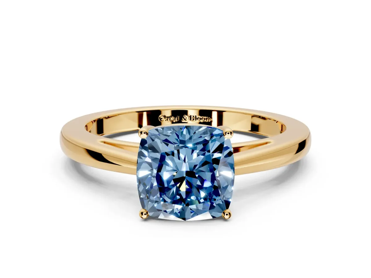 Solitaire Engagement Ring Setting for Fancy Blue Cushion Cut Center with Open Cathedral Shoulders and Prong Head in Yellow Gold