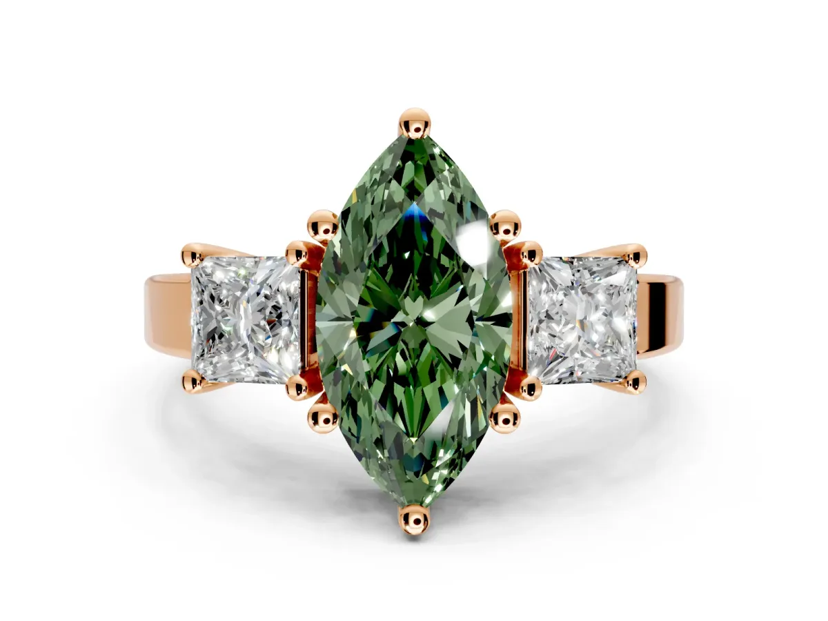 3 Stone Engagement Ring Setting for Fancy Green Marquise Center with Matching Side Accents and Prong Head in Rose Gold