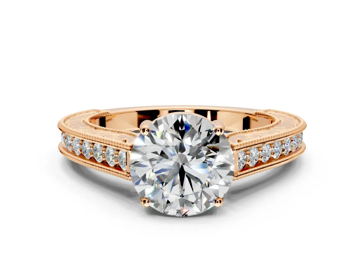 Solitaire Engagement Ring Setting for Round Cut Center with Engraved Pave Band and Prong Head in Rose Gold