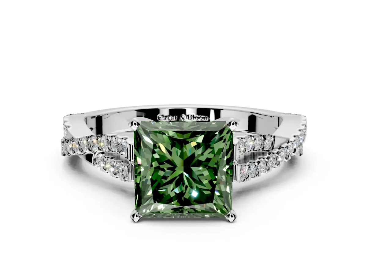 Solitaire Engagement Ring Setting for Fancy Green Princess Cut Center with Twisted Pave Split Shank and Prong Head in Platinum