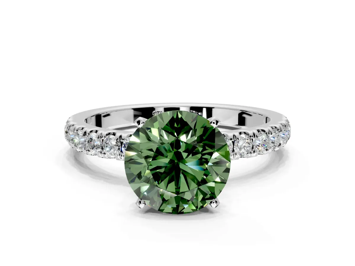 Open Basket Engagement Ring Setting for Fancy Green Round Cut Center with Pave Band and Prong Head in Platinum