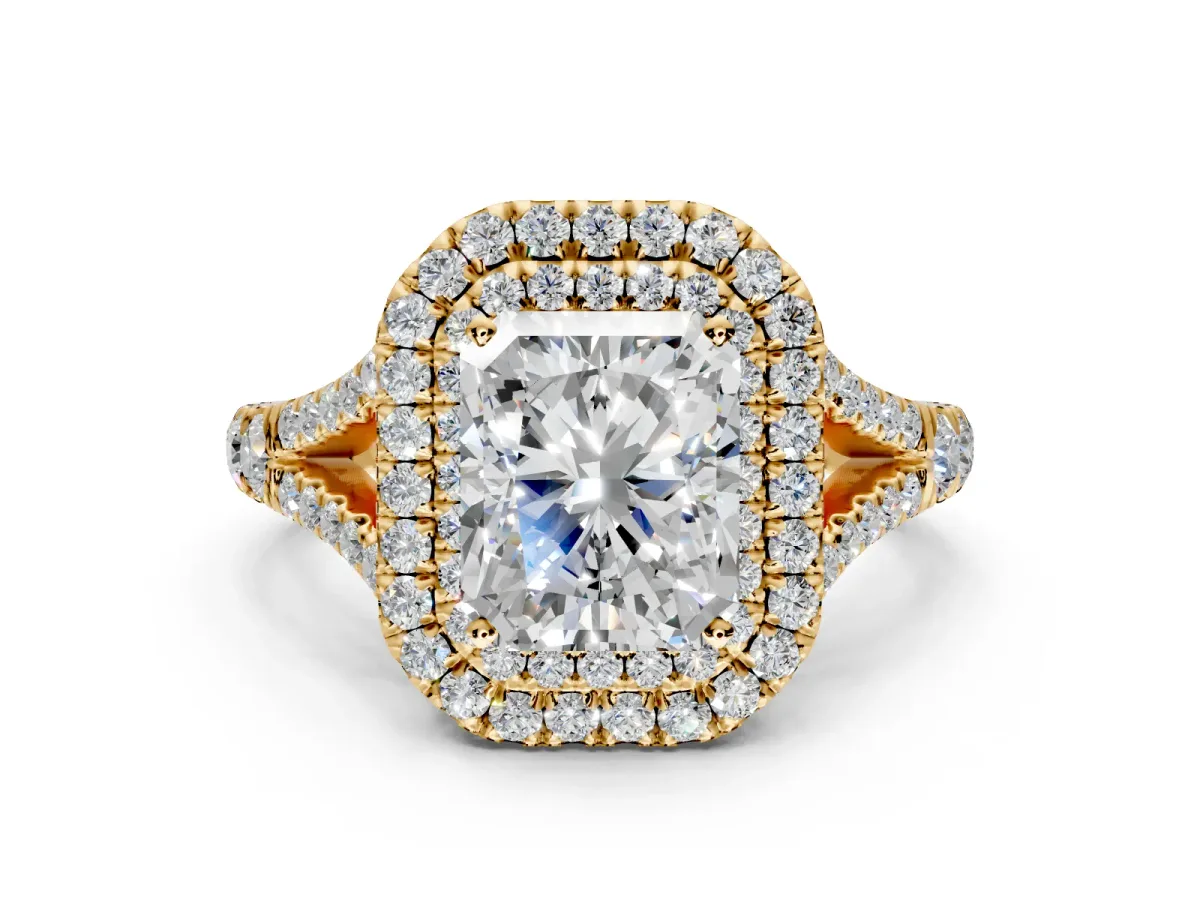 Double Halo Engagement Ring Setting for Radiant Cut Center with Narrow Pave Split Shank and Prong Head in Yellow Gold