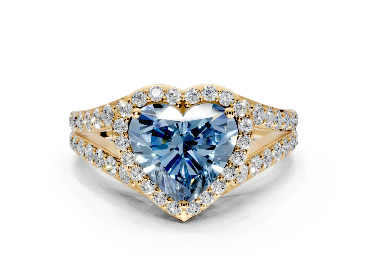 Halo Engagement Ring Setting for Fancy Blue Heart-Shaped Center with Narrow Pave Split Shank and Prong Head in Yellow Gold