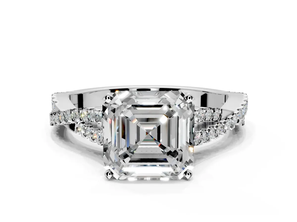 Solitaire Engagement Ring Setting for Asscher Cut Center with Twisted Pave Split Shank and Prong Head in Platinum