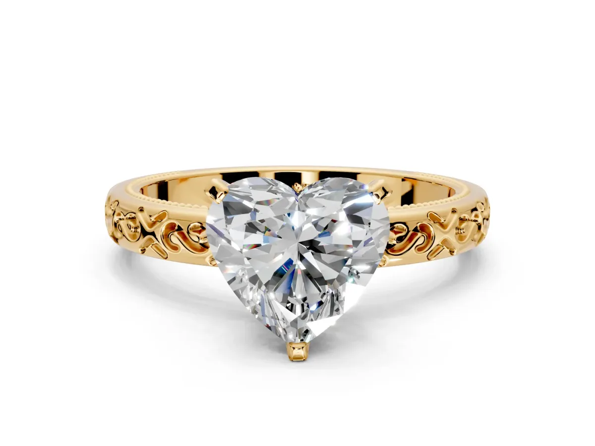Solitaire Engagement Ring Setting for Heart-Shaped Center with Scrollwork Band and Prong Head in Yellow Gold
