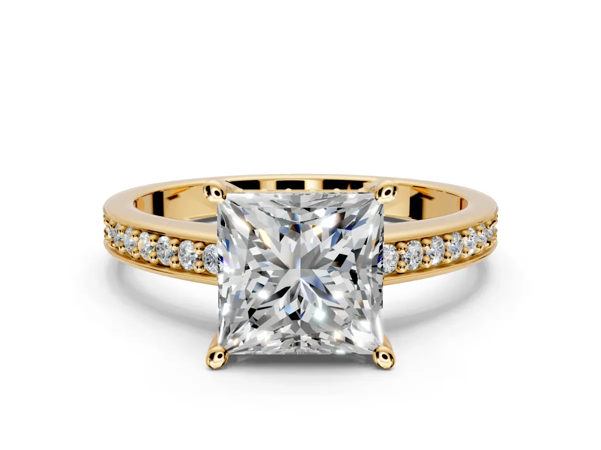 Solitaire Engagement Ring Setting for Princess Cut Center with Channel-Set Accent Band and Prong Head in Yellow Gold