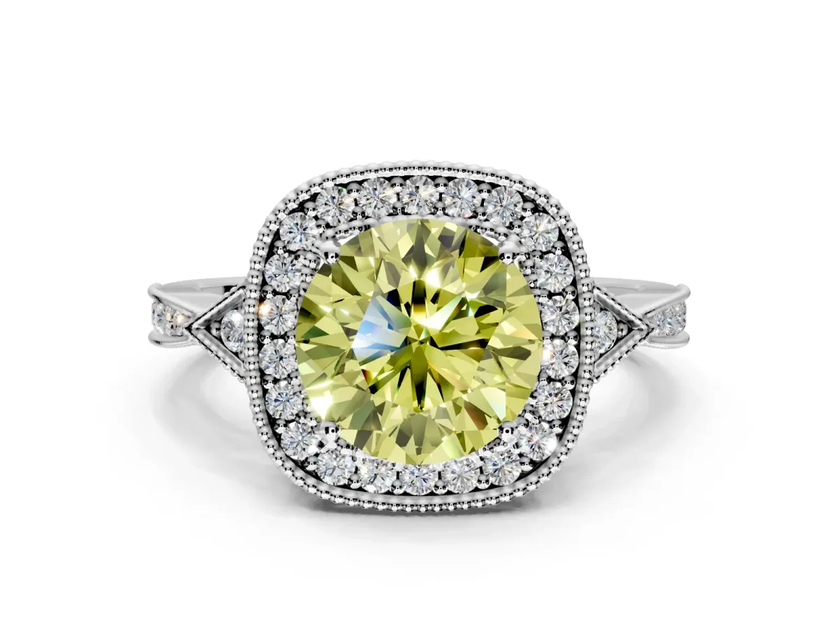 Halo Engagement Ring Setting for Fancy Yellow Round Cut Center with Milgrain Rim, Pave Band and Prong Head in Sterling Silver